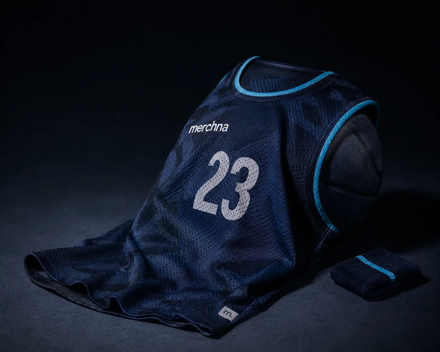 A navy Merchna basketball jersey numbered 23 draped over a basketball