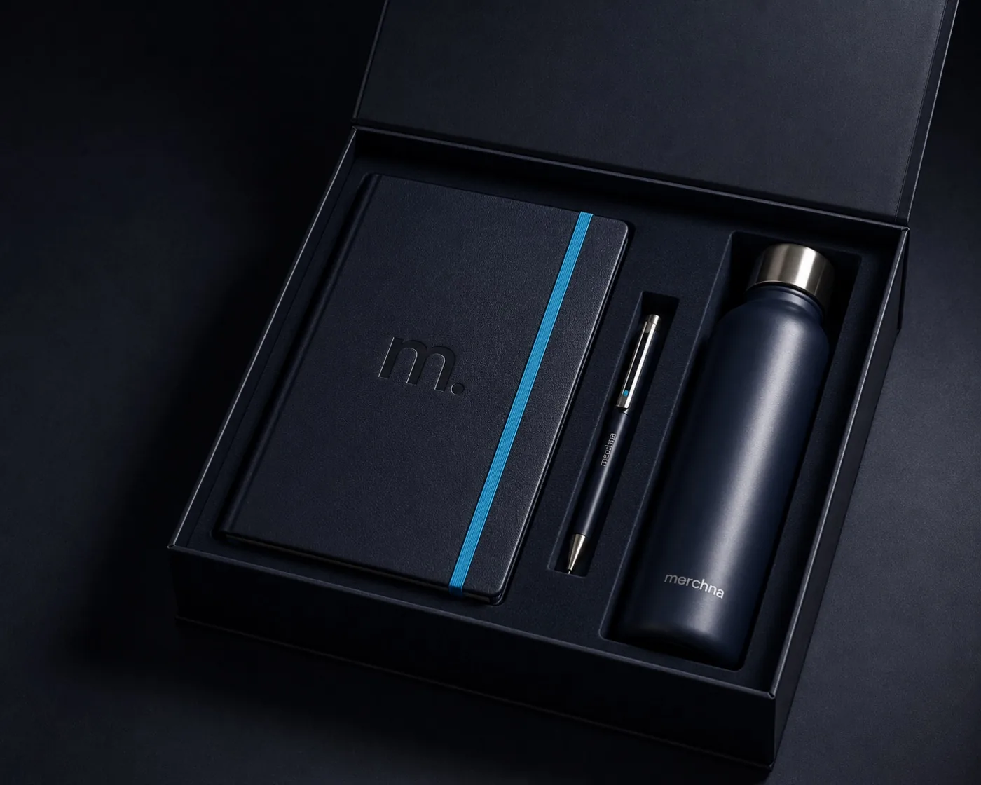 Merchna corporate gift box: debossed notebook, pen and stainless bottle