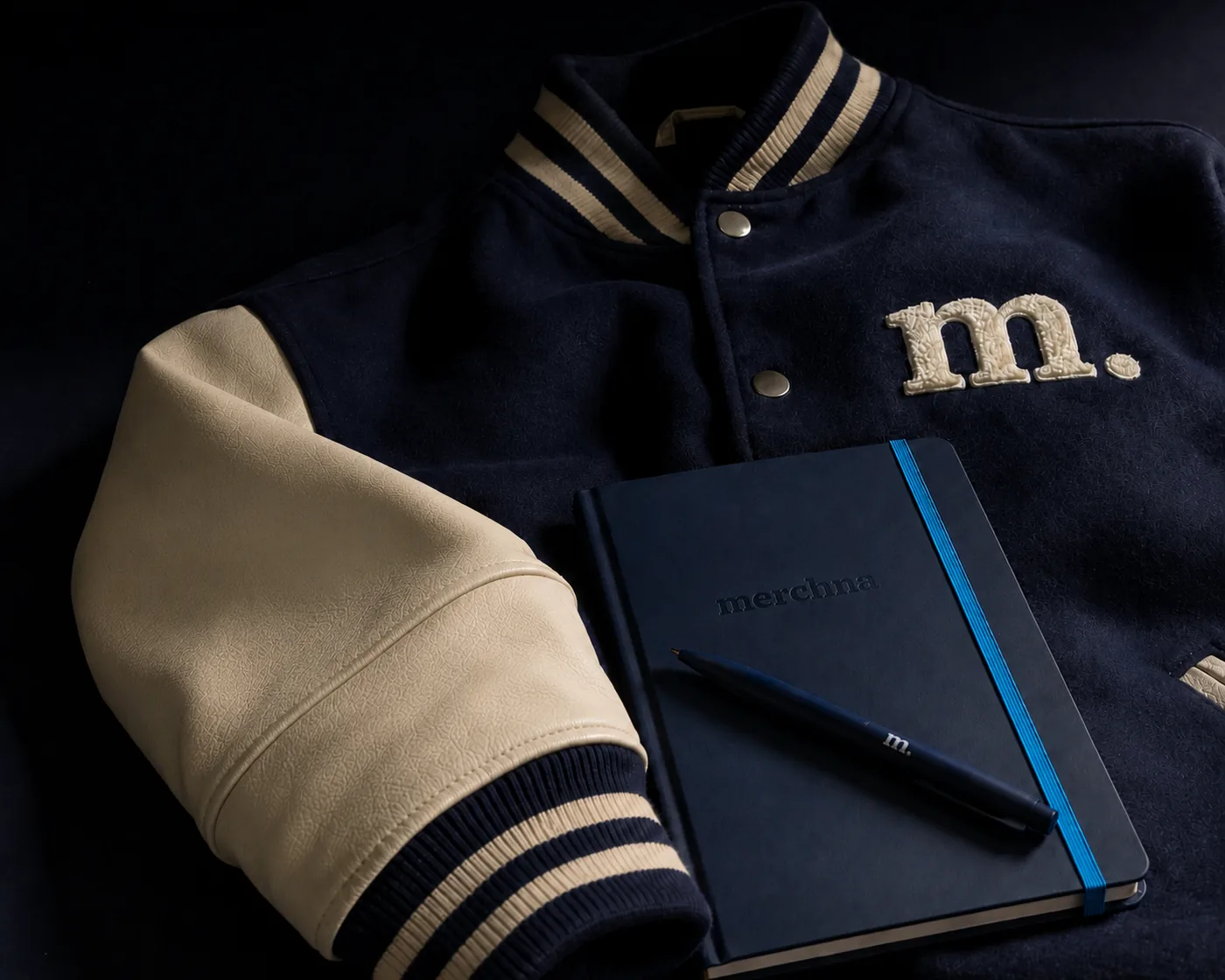 A navy and cream Merchna varsity jacket with a notebook and pen