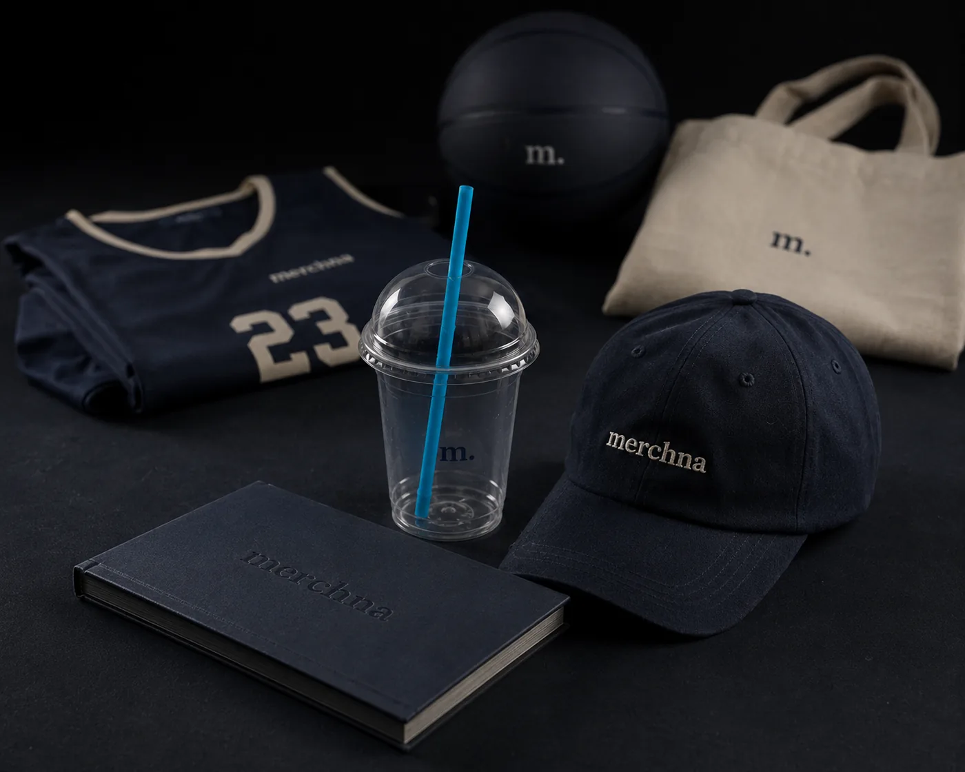 The Merchna product family: a cap, a basketball jersey, a basketball, a cafe cup, a tote and a notebook